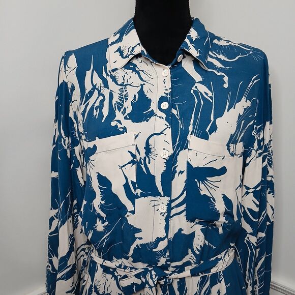 ZARA Women's Printed Shirt Dress With Pockets and Belt Tie Blue /White Sz XL New - Picture 10 of 13